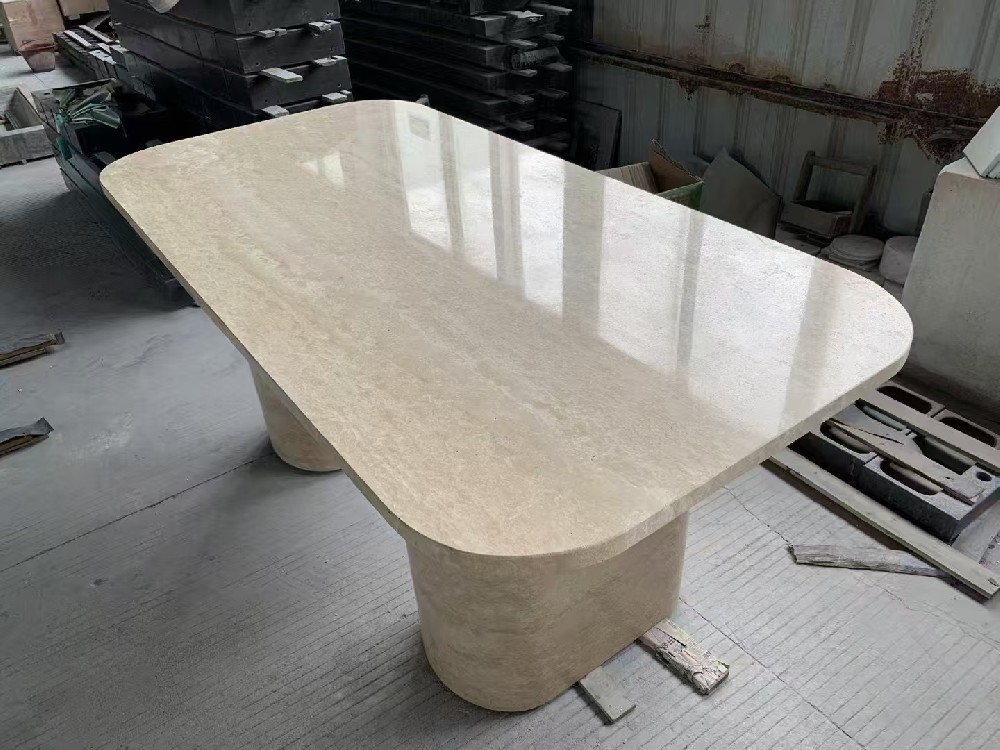 Square Beige Travertine Dining Table
